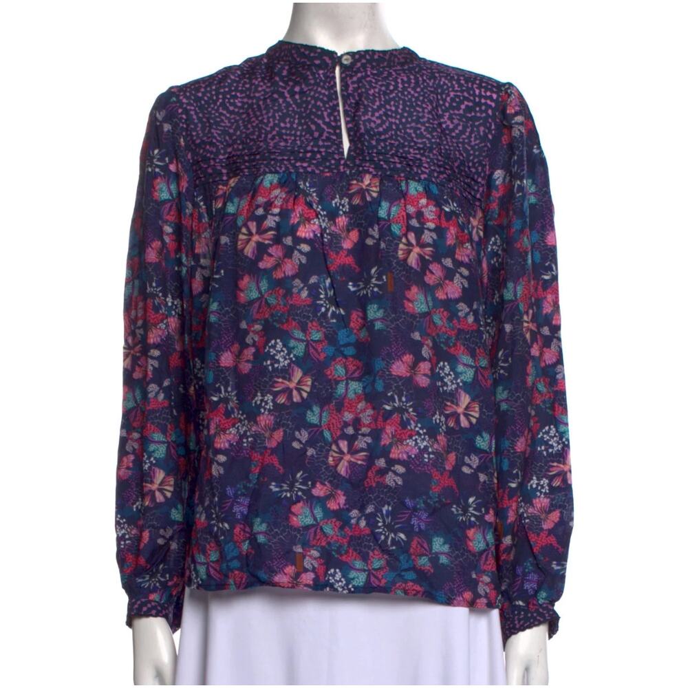 Chufy Blouse Small Purple Floral Mock Neck Lightweight Oversize Flowy Top
